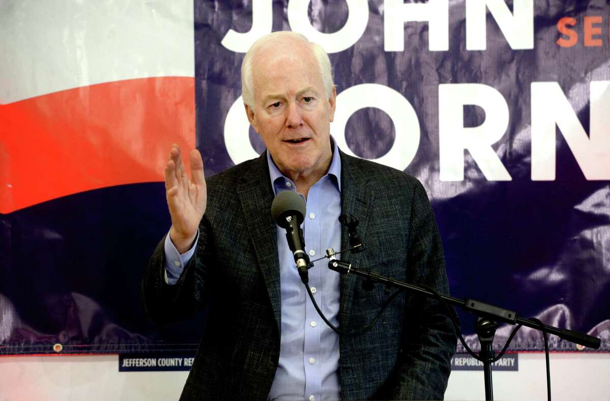 U.S. Sen. John Cornyn addresses the gathering during a campaign rally urging Texans to “Saddle Up ’n Vote” at the Jefferson County Republican Party Headquarters in Port Neches Monday. Cornyn was joined by several other candidates and politicians at the event as candidates from both parties make their final push for Southeast Texas voters leading up to Super Tuesday.