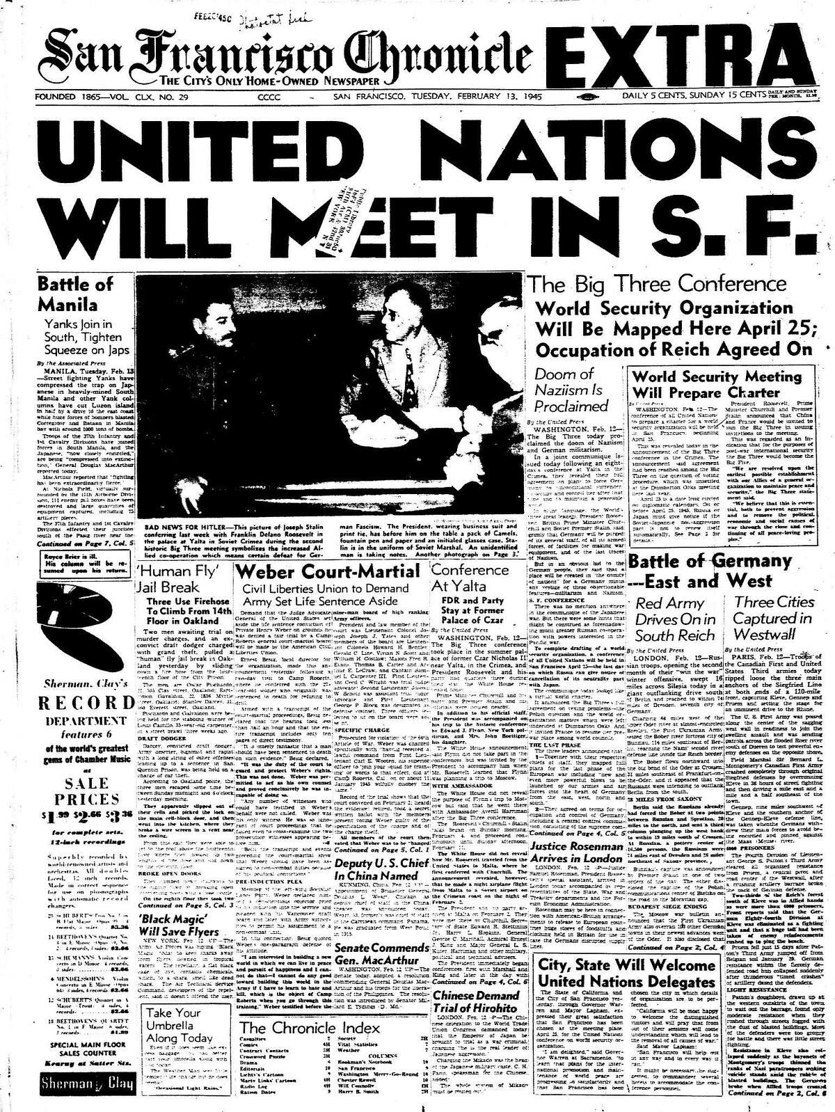 Chronicle front coverage of the UN Charter conference would be held in San Francisco