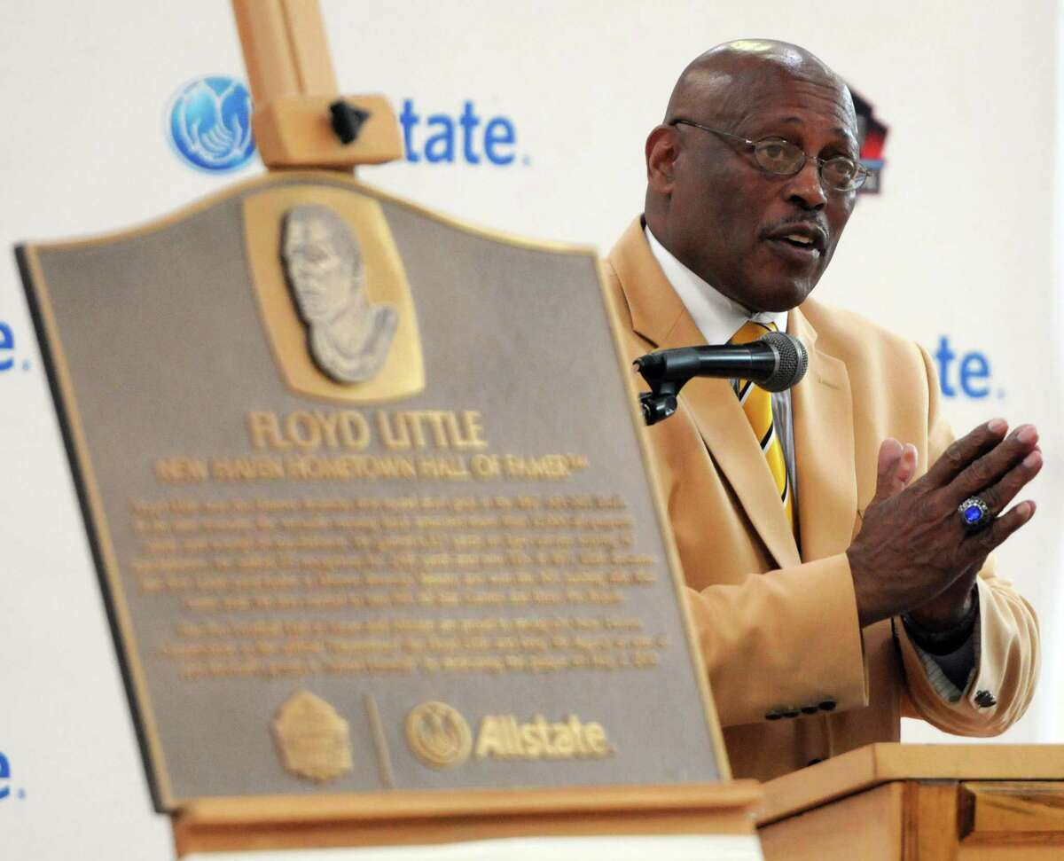 Floyd Little, National Football League Hall of Fame inductee and former Denver Broncos running back, visits Hillhouse High School Wednesday 5/2/12 and is honored as a "Hometown Hall of Famer" by the Pro Football Hall of Fame and Allstate Insurance Co. Photo by Peter Hvizdak / New Haven Register