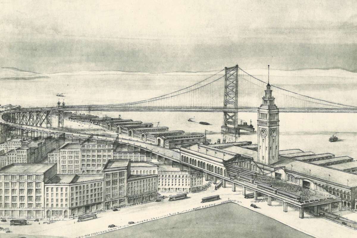 Illustration of bridge crossing Embarcadero above Broadway