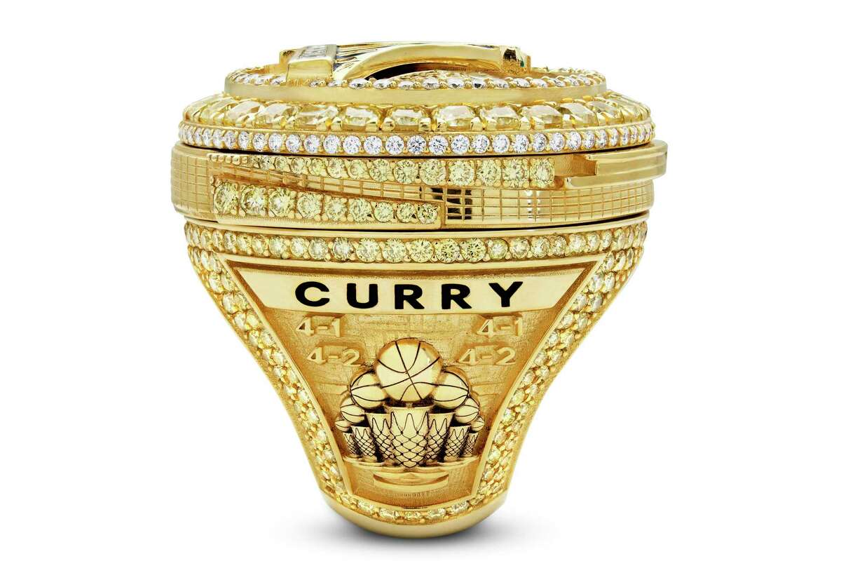 The side of Steph Curry's rings shows the seven total championships the franchise has won, plus the series details of each team the Warriors beat in 2022.