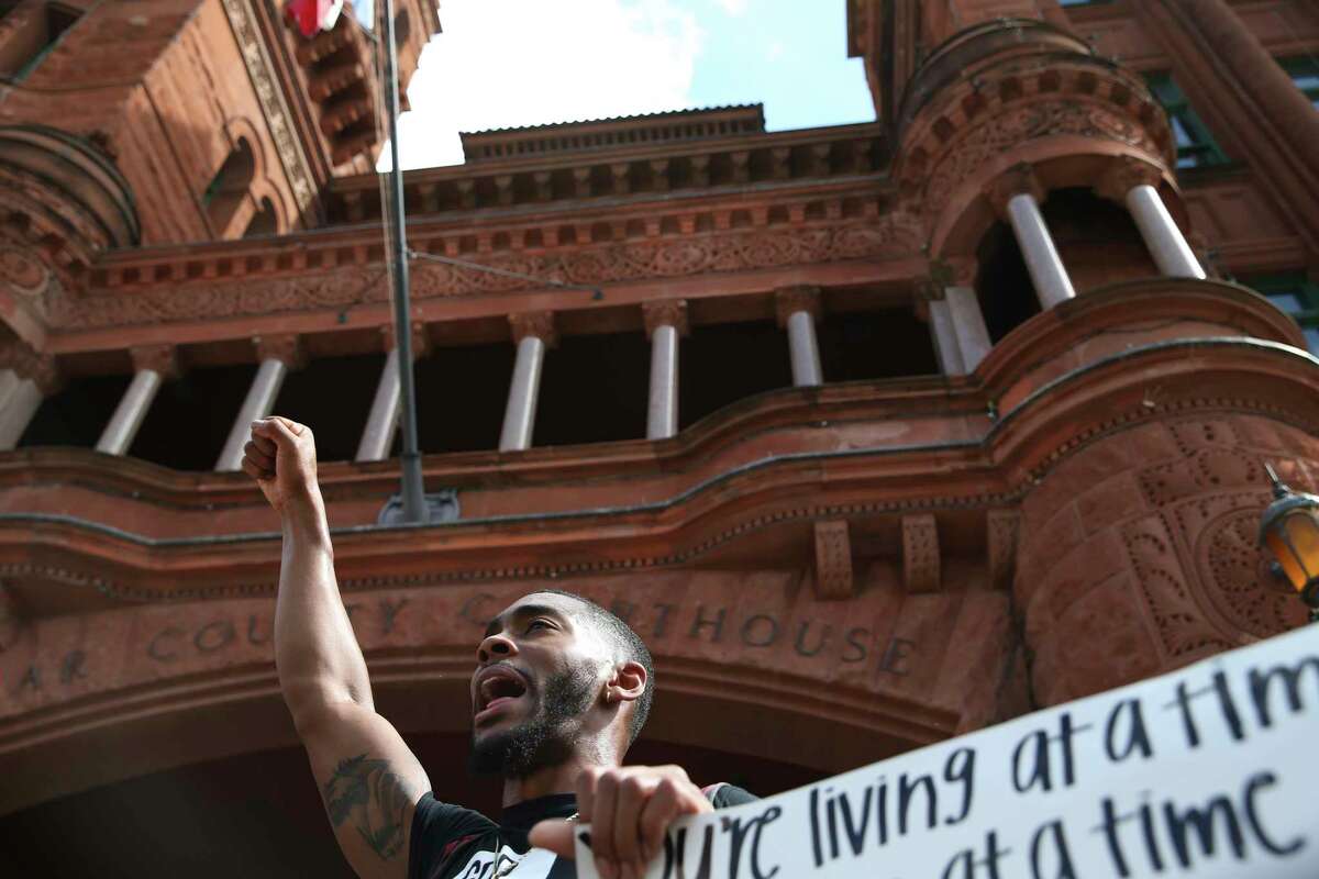 Trevor Taylor, 25, joins protesters gathered in front of the Bexar County Courthouse, Thursday, June 4, 2020. It is the sixth of protest in the police killing of George Floyd on Memorial Day in Minneapolis.