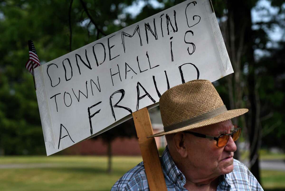 Jim Staulters protests outside Milton Town Hall on Friday, June 5, 2020, in Milton, N.Y. Staulters is skeptical about the recent condemning of the town building by a town inspector. (Will Waldron/Times Union)