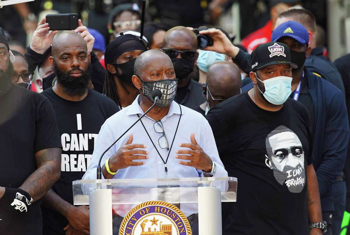 Houston Mayor Sylvester Turner addresses protesters with George Floyd’s family at City Hall in downtown Houston on Tuesday, June 2, 2020.