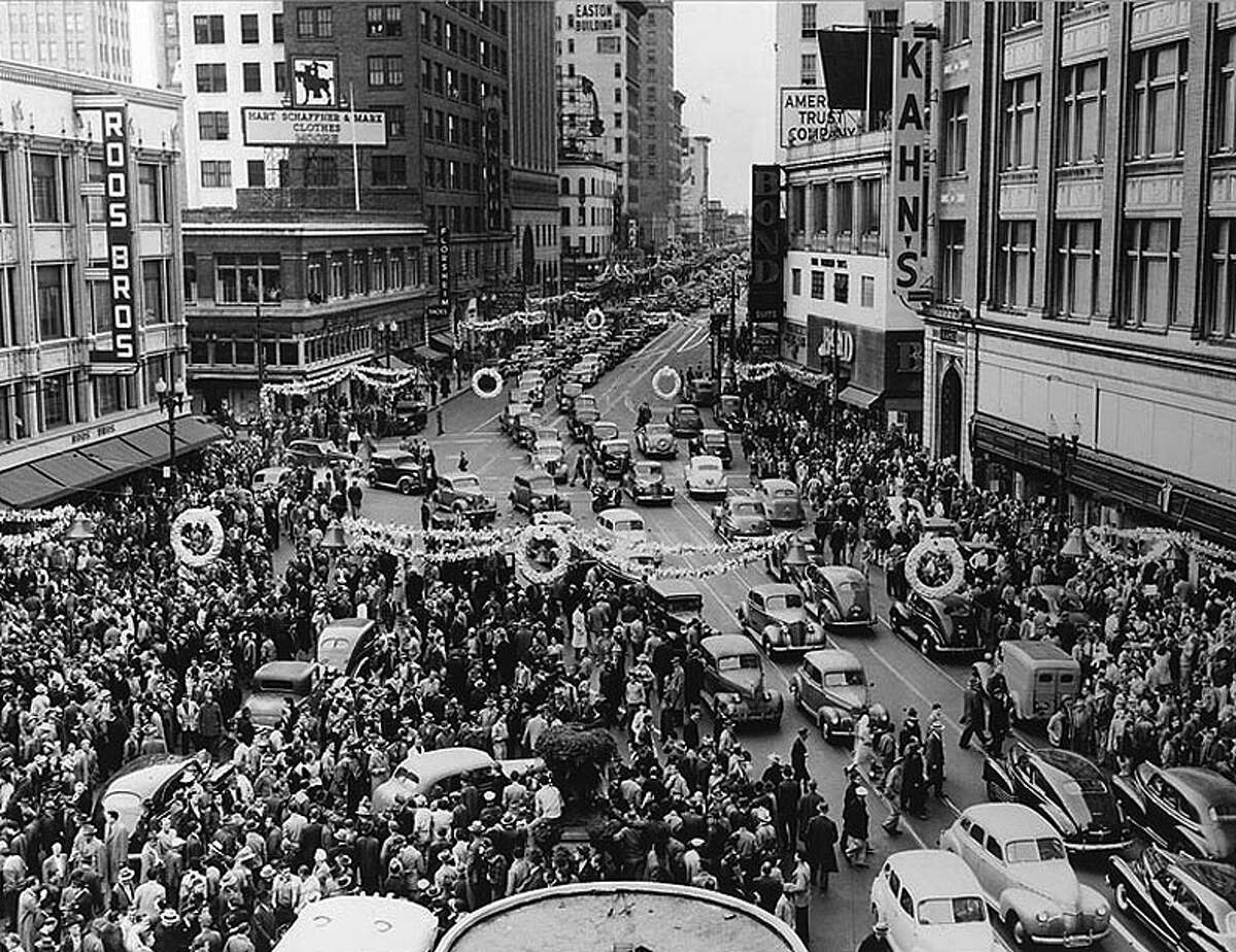The Oakland General Strike - 1946Instigated by unfair hiring practices at the city's major department stores, the Oakland General Strike took place on December 3, 1946. A "Work Holiday" was declared by 142 American Federation of Labor unions, leading 100,000 workers walking from their jobs. The recent dance party that erupted in Oakland following a peaceful protest against the police killing of George Floyd was not the first time a demonstration turned into a party on Broadway. During the 1946 general strike, led largely by underpaid department store working women, a similar scene took hold. As Stan Weir wrote in his historical essay on the event for FoundSF:By nightfall the strikers had instructed all stores except pharmacies and food markets to shut down, Bars were allowed to stay open, but they could serve only beer and had to put their juke boxes out on the sidewalk to play at full volume and no charge. 'Pistol Packin' Mama, Lay That Pistol Down', the number one hit, echoed off all the buildings. That first 24-hour period of the 54-hour strike had a carnival spirit. A mass of couples danced in the streets.Due to a failure on the part of union leaders to form a cohesive plan, and disciplinary action levied against picketing workers by the department stores, the strike was largely unsuccessful in enacting lasting change.