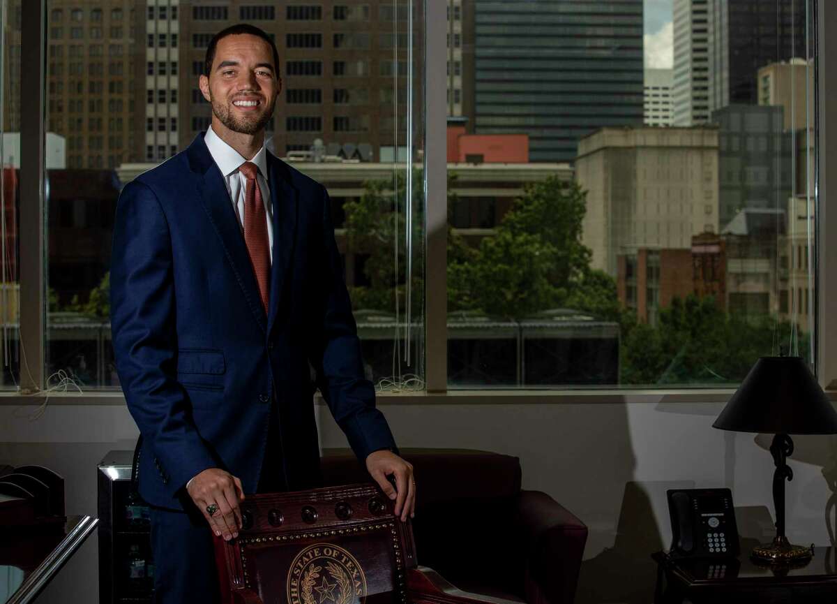 Interim Harris County clerk Chris Hollins poses for a photograph in his new office at the Harris County Civill Courthouse building Wednesday, May 27, 2020, in Houston.