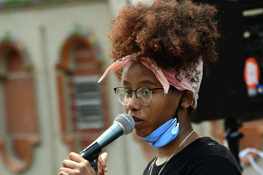 Alicia Clemente-Delrow of Albany speaks as demonstrators gather in Washington Park for a daily rally against police brutality on Friday, June 5, 2020 in Albany, N.Y. (Lori Van Buren/Times Union)