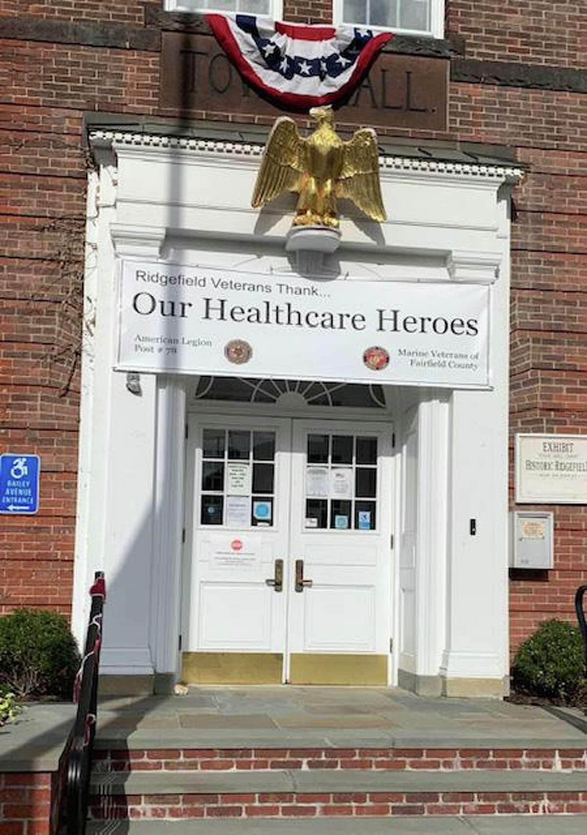 The Marine Veterans of Fairfield County partnered with the Ridgefield American Legion to place a banner over Town Hall thanking our Healthcare Heroes.