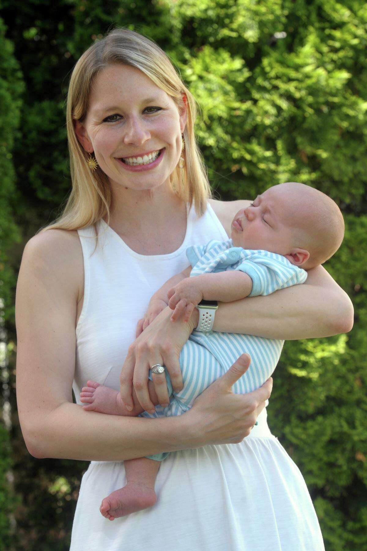 Nora Goddard poses with her son, Elias, at her family’s home in Fairfield, Conn. June 4, 2020. Elias, Goddard’s first child, was born in April.