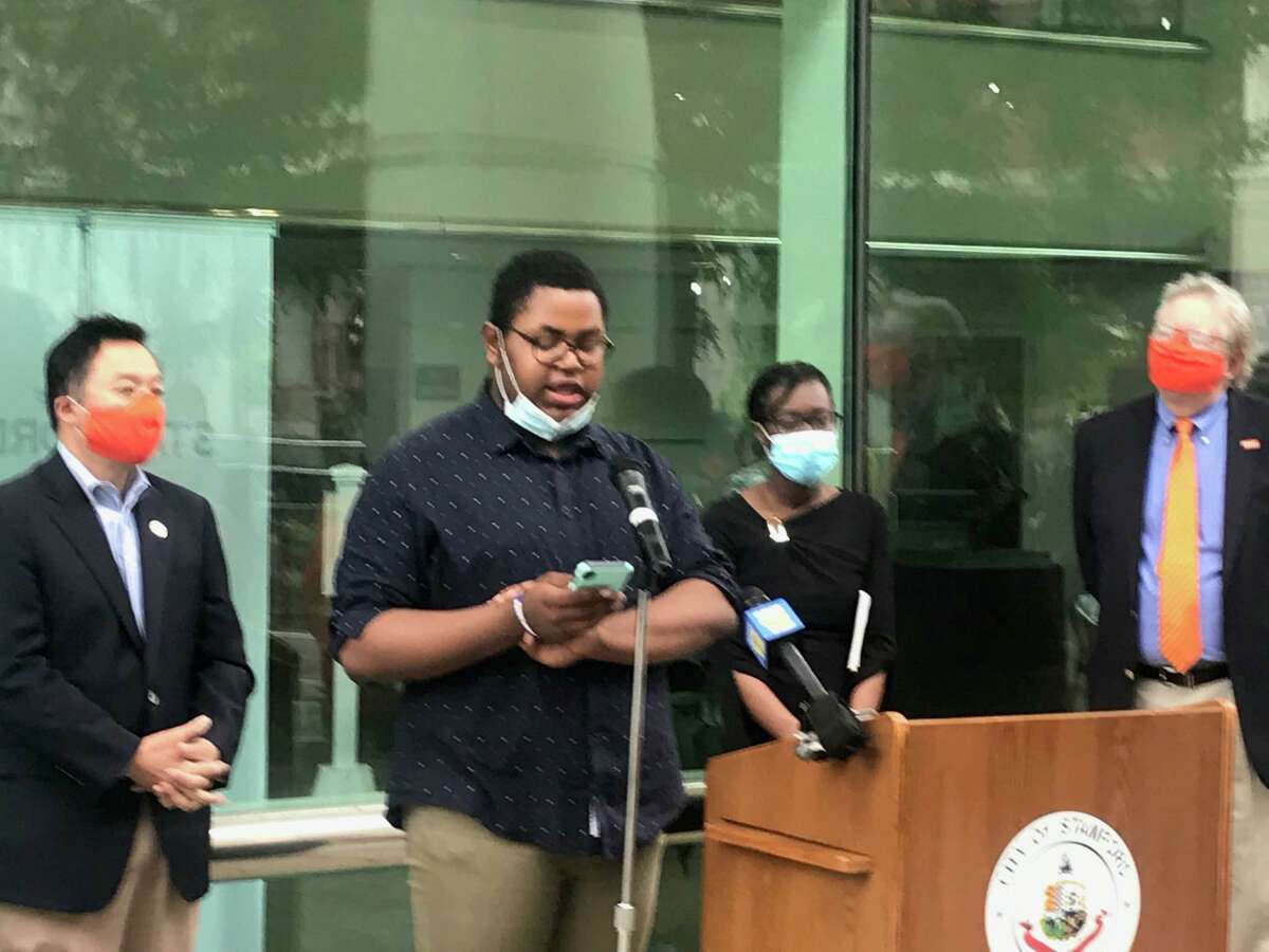 Stamford Academy senior Daniel Robinson speaks at a rally to stop gun violence in front of Stamford Government Center on Friday, June 5.