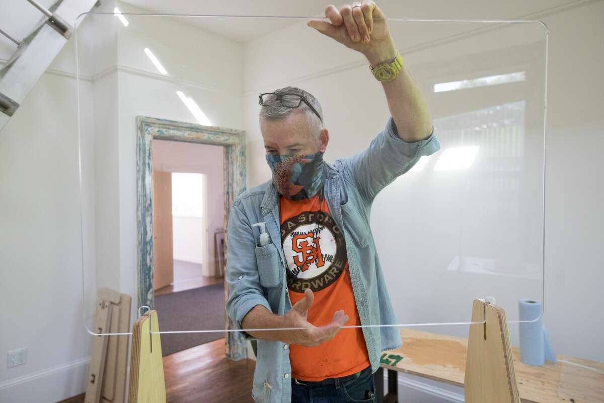 Mankar creates his furniture in Gardenville Station, a shared space in San Francisco’s Bayview that features studios for rent and woodshop space for makers and designers. The space is across the street from Flora Grubb, a gardening center, which was in need of a plexiglass solution for their registers to protect its workers from COVID-19 concerns when it reopened. Gardenville owner Shane O’Connor approached Mankar about teaming up to design something for the shop and the duo started making prototypes that very day.