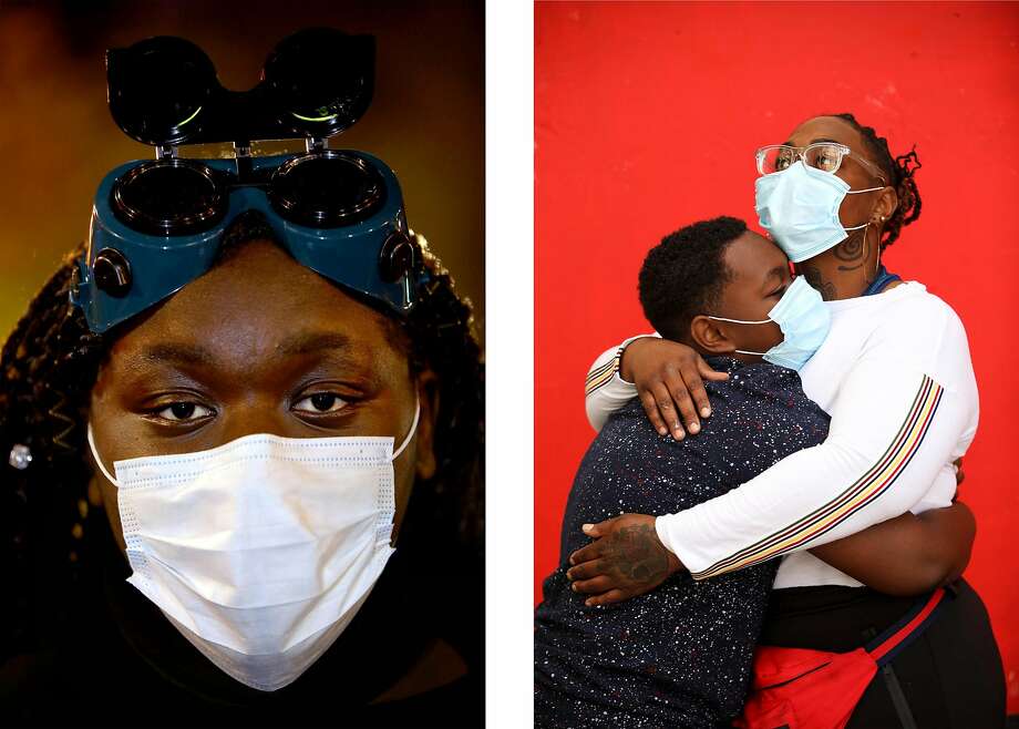 LEFT: Angel Robbson, 19, a restaurant server from Fairfield, poses for a portrait at 14th and Broadway during a George Floyd protest in Oakland, Calif., on Wednesday, June 3, 2020. Floyd, a 46-year-old Black man, was killed by a Minneapolis police officer last week. RIGHT: Nee, who didn't provide her last name, poses for a portrait with her son Semaje Williams, 11, of Oakland, outside of 150 Broadway in Oakland, Calif., on Friday, June 5, 2020. Nee, 31, is a licensed medical personnel, emergency room technician. Nee says her son was teargassed by Oakland police officers during a George Floyd protest last week. Floyd, a 46-year-old Black man, was killed by a Minneapolis police officer last week. Photo: Yalonda M. James / The Chronicle