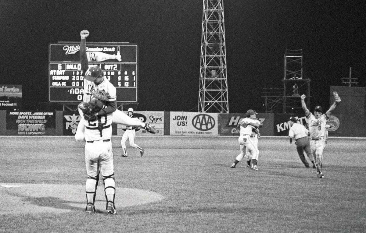 Stanford players celebrate beating Oklahoma State to win the 1987 College World Series title.