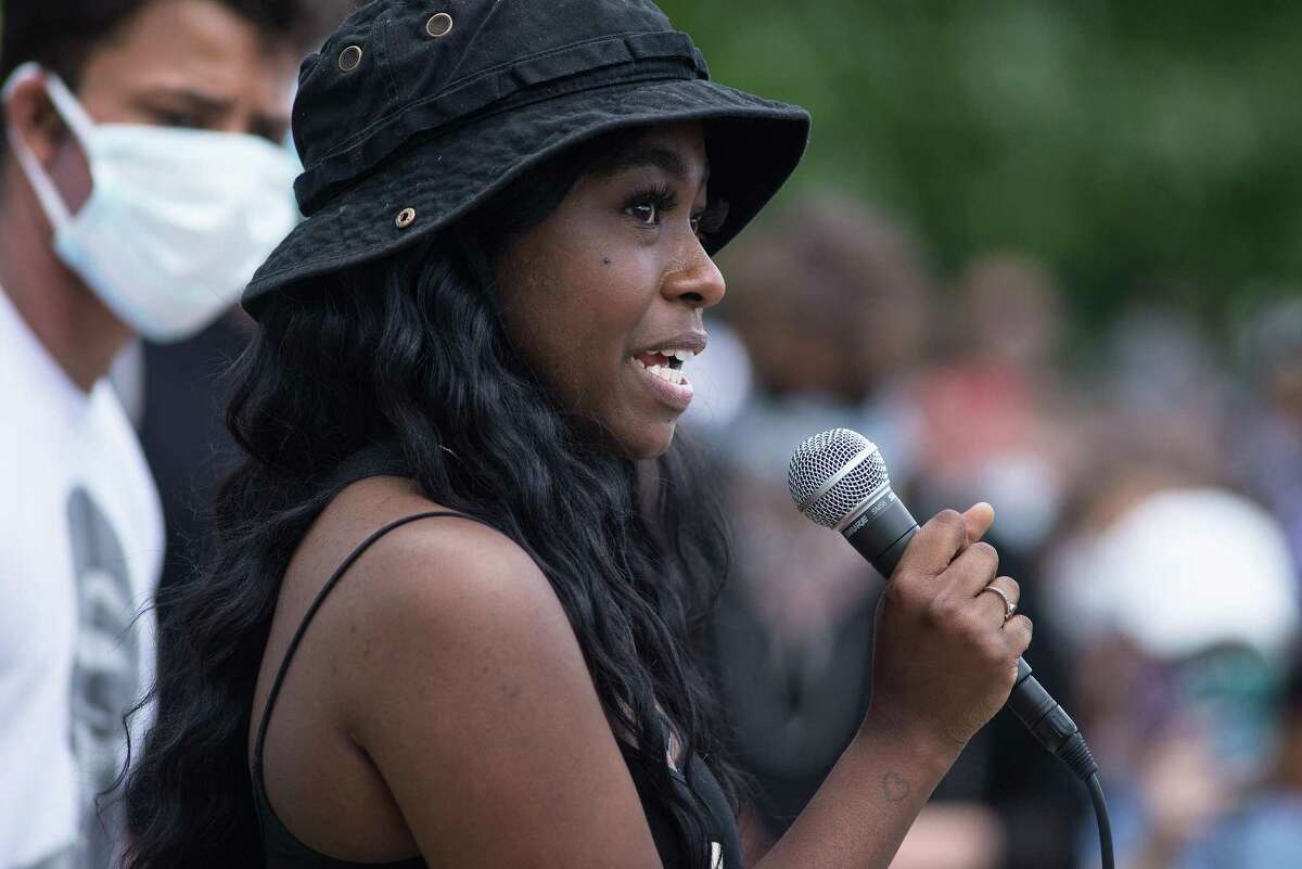 Tatianna Concannon speaking. Hundreds gathered in Darien Sunday afternoon for a Black Lives Matter protest which featured predominantly young people's voices.