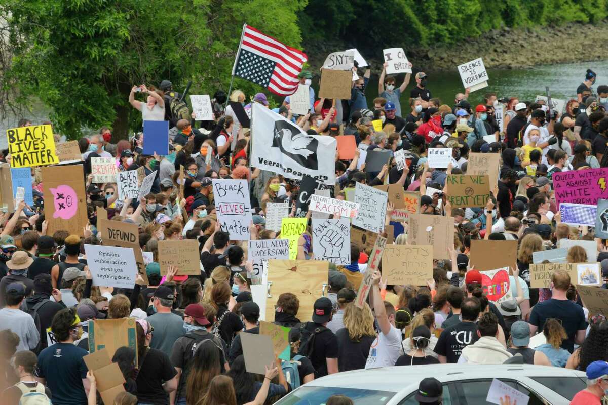 People gather in Riverfront Park for the Black Lives Matter rally on Sunday, June 7, 2020, in Troy, N.Y. (Paul Buckowski/Times Union)