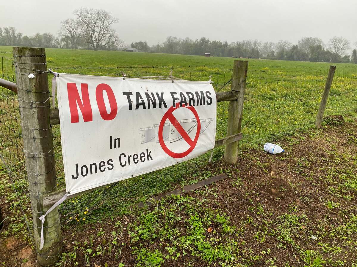 This sign along State Highway 36 is one of many in the Brazoria County town of Jones Creek where Canadian pipeline operator Enbridge proposed building a crude oil storage tank farm that would feed an offshore crude oil export terminal.