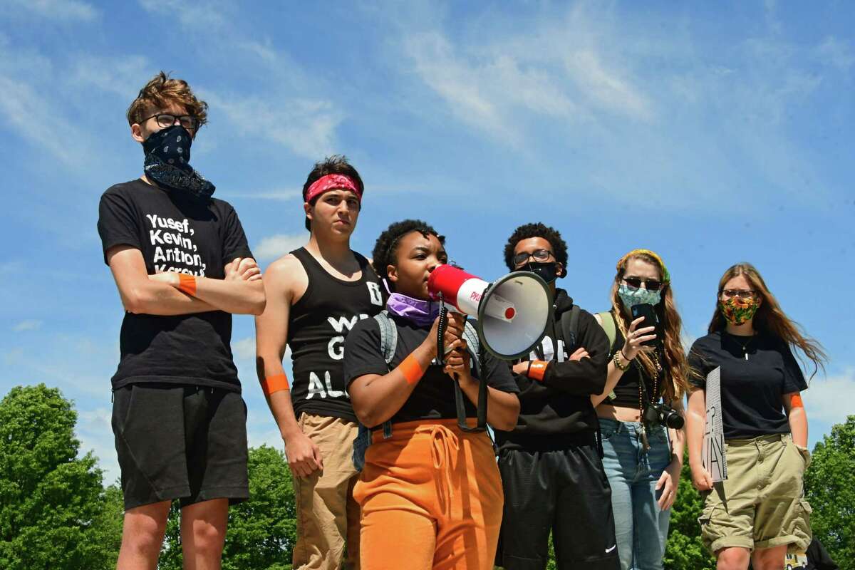 Shenendehowa High School senior Samantha Ivey speaks before students and others take part in a Black Lives Matter march from Clifton Common to the State Police barracks and back on Monday, June 8, 2020 in Clifton Park, N.Y. (Lori Van Buren/Times Union)