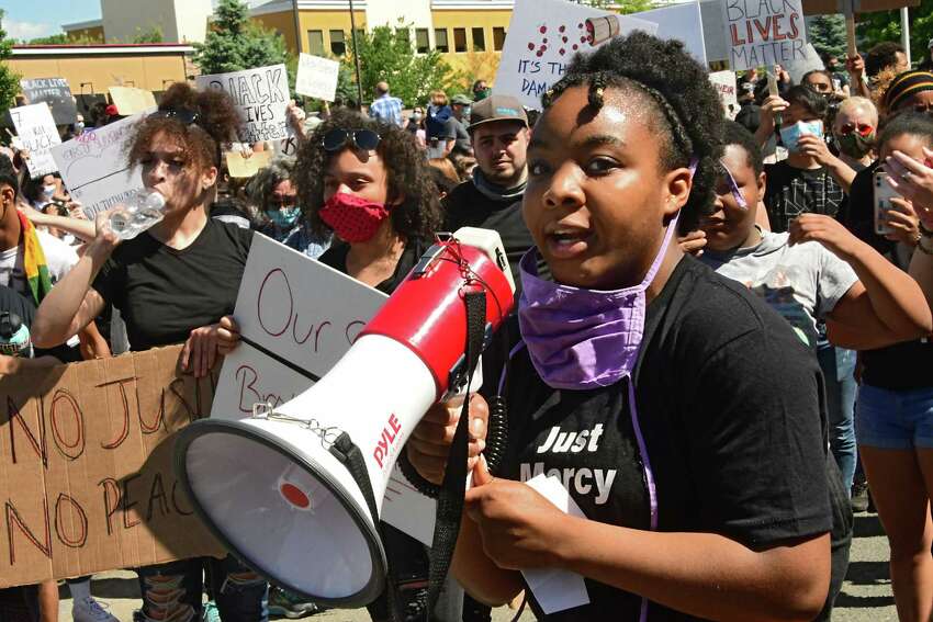 Shenendehowa High School senior Samantha Ivey speaks as students and others take part in a Black Lives Matter march from Clifton Common to the State Police barracks and back on Monday, June 8, 2020 in Clifton Park, N.Y. (Lori Van Buren/Times Union)