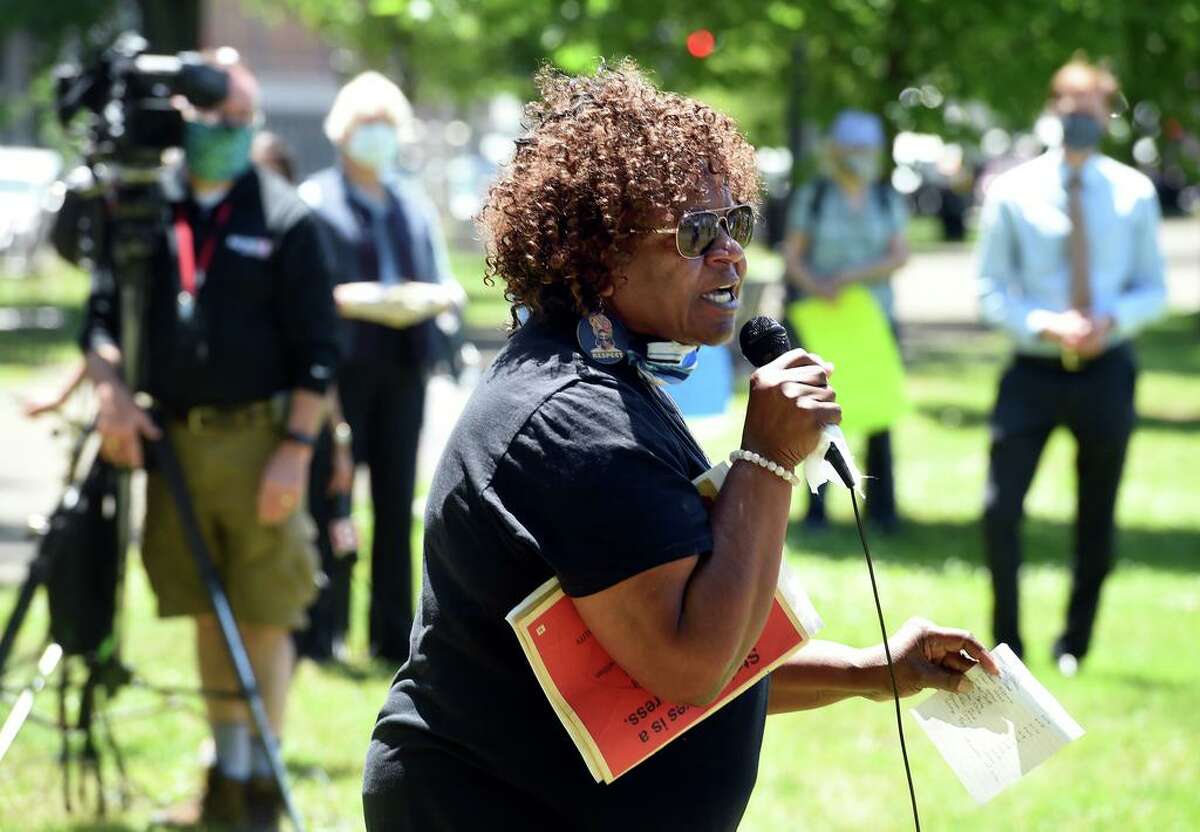 Community activist Barbara Fair speaks at an elder protest on the New Haven Green June 8 to support black lives, oppose police brutality