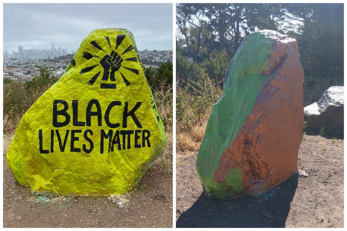This has now happened a total of five days in a row: Someone paints over the rock in the night, and during the day, Makarova and other artists repaint it with a Black Lives Matter message. Neighbors have rallied around the efforts to keep this message on the rock, even setting up shifts to watch over it on Sunday night.  Rocky Smith, a Bernal Heights resident who took a shift very early Monday morning to watch the rock, said he caught the person in the act.  “At 5:10 a.m. I was walking back toward the rock, and suddenly I could see somebody spray painting the rock,” said Smith.  He said he approached the woman and asked her why she was painting over it.  RELATED: Woman who rode horse at Oakland protest gets her own mural