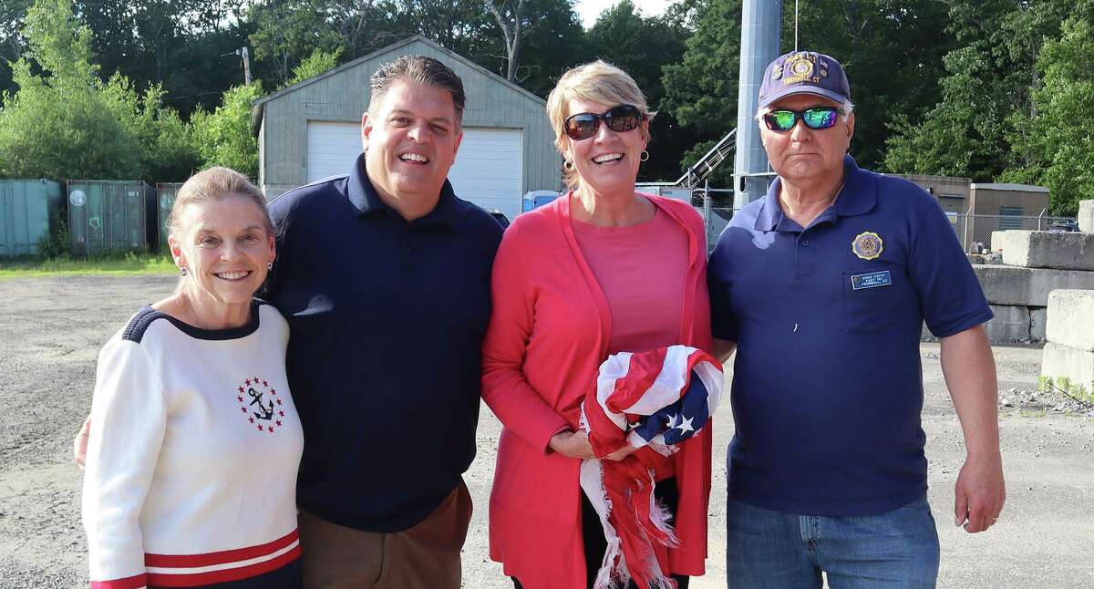 State Reps. David Rutigliano, R-123, Laura Devlin, (R-134) and Ben McGorty, R-122, in cooperation with the Trumbull American Legion Post #141 will be hosting a social distancing flag collection at the Middlebrook Elementary School on Saturday June 13, from 9-11 a.m. Pictured are: Suzanne Burr Monaco, David Rutigliano, Laura Devlin and Ernie Foito, Commander of American Legion Post #141.