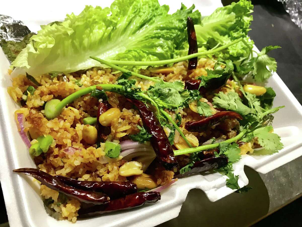 Kao Nam Tod (crispy rice with peanuts, ginger and minced sour sausage) from Asia Market Thai Lao Food