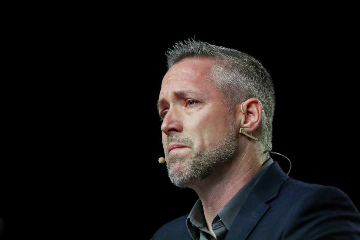 J. D. Greear, president of the Southern Baptist Convention, becomes emotional while talking about sexual abuse within the SBC on the second day of the SBC's annual meeting on Wednesday, June 12, 2019, in Birmingham.
