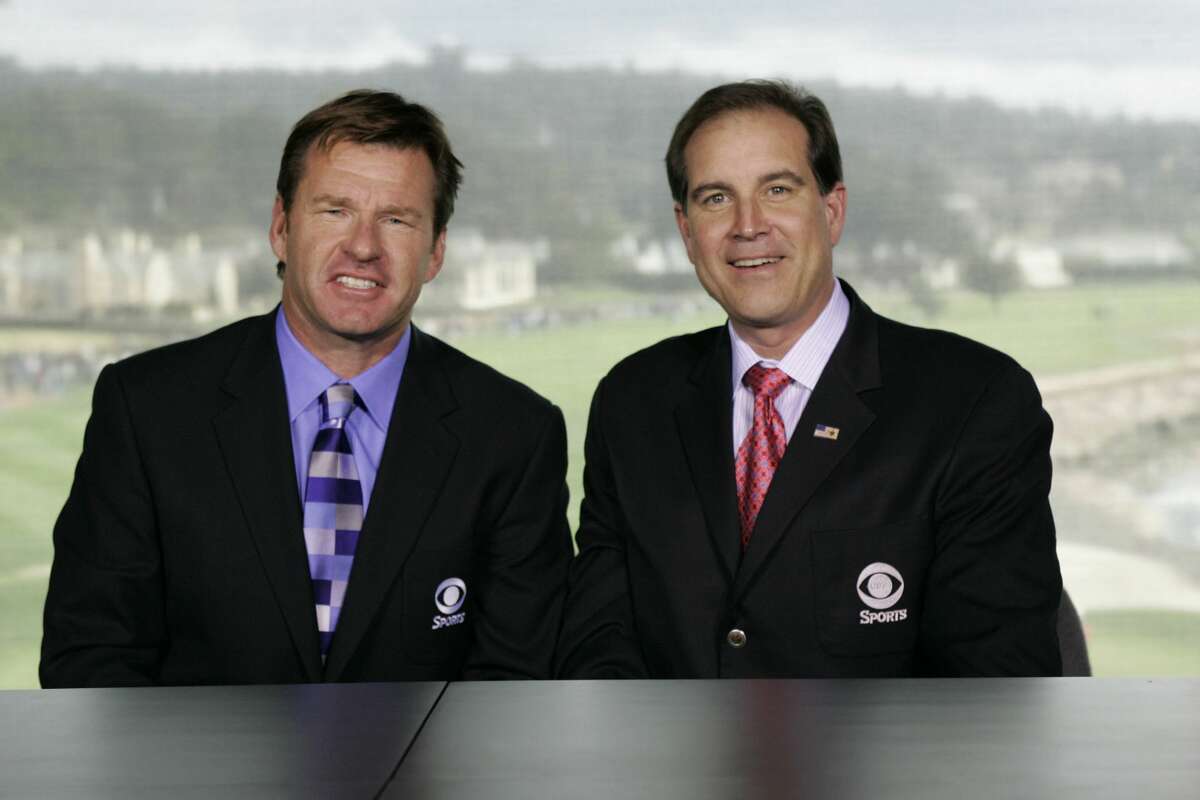CBS' announcing team will be split up this week, with play-by-play man Jim Nantz (right) on site at the PGA's event in Fort Worth while analyst Nick Faldo works from the Golf Channel studios in Orlando, Fla.