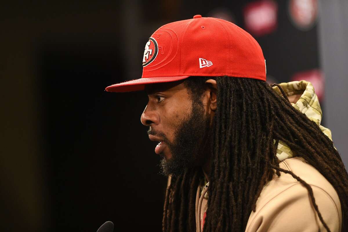 San Francisco 49ers cornerback Richard Sherman speaks during a press conference at Levi's Stadium, where the San Francisco 49ers will host the NFC Championship Game against the Green Bay Packers Sunday, on January 16, 2020 in Santa Clara, CA.