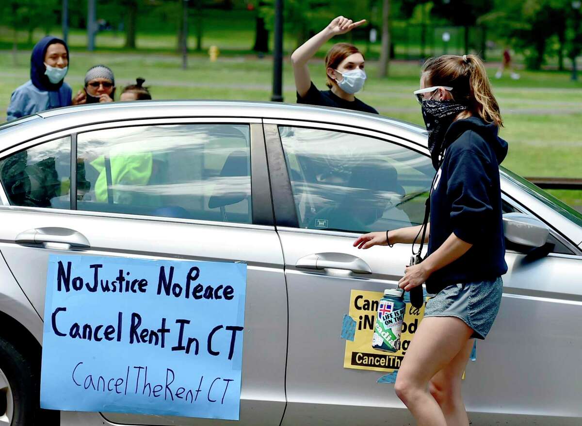A New Haven contingent of cars participated Saturday in the #CancelTheRents rallies as part of a National Day of Action to demand the cancellation of rents and mortgages and for protections from evictions and rent increases for the duration of the pandemic.