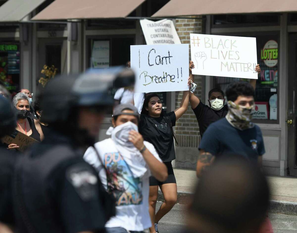 A Black Lives Matter protest at the Norwalk Police Station in South Norwalk on May 31. About 300 people marched on I-95 to the Stamford Police Station.