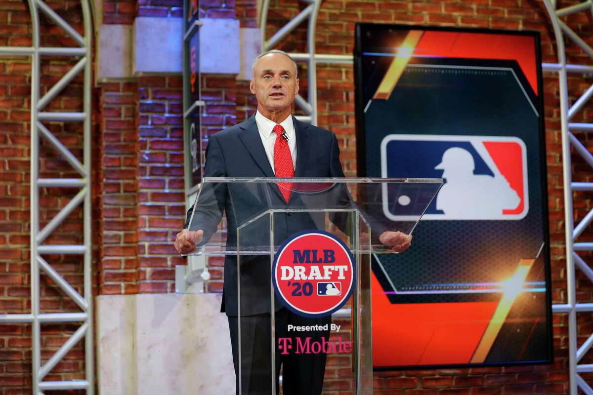Baseball Commissioner Robert D. Manfred Jr. makes an opening statement during the baseball draft Wednesday, June 10, 2020 in Secaucus, N.J. (Alex Trautwig/MLB Photos via AP)