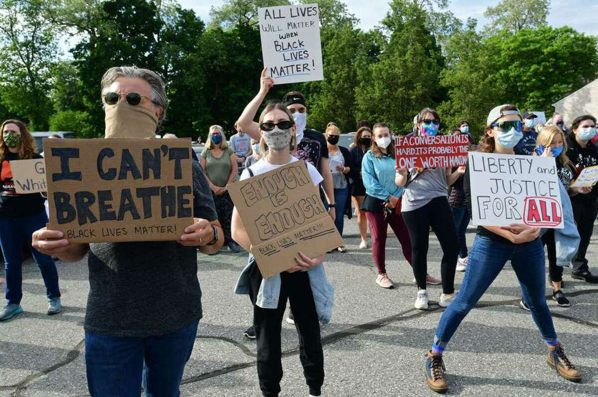 A crowd of near two hundred gathered along route 7 at Our Lady of Fatima Catholic Church in Wilton on June 2, 2020, to protest police brutality.