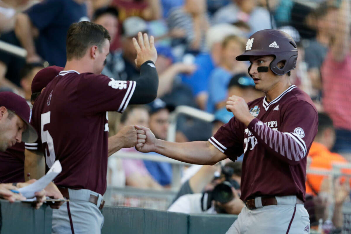 Mississippi State second baseman Justin Foscue, right, who played for the Amsterdam Mohawks two years ago, was taken by Texas on Wednesday with the 14th overall pick in the MLB Draft. His college and Amsterdam teammate Tanner Allen, left, could be chosen today. (Associated Press)