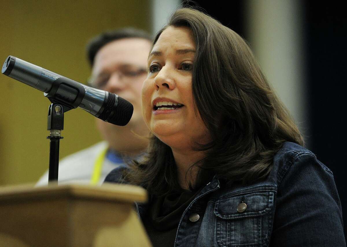 Math coach Elena Mayorga addresses a public hearing over proposed budget cuts before the Bridgeport Board of Education at Geraldine Johnson School in Bridgeport, Conn. on Monday, April 30, 2018.
