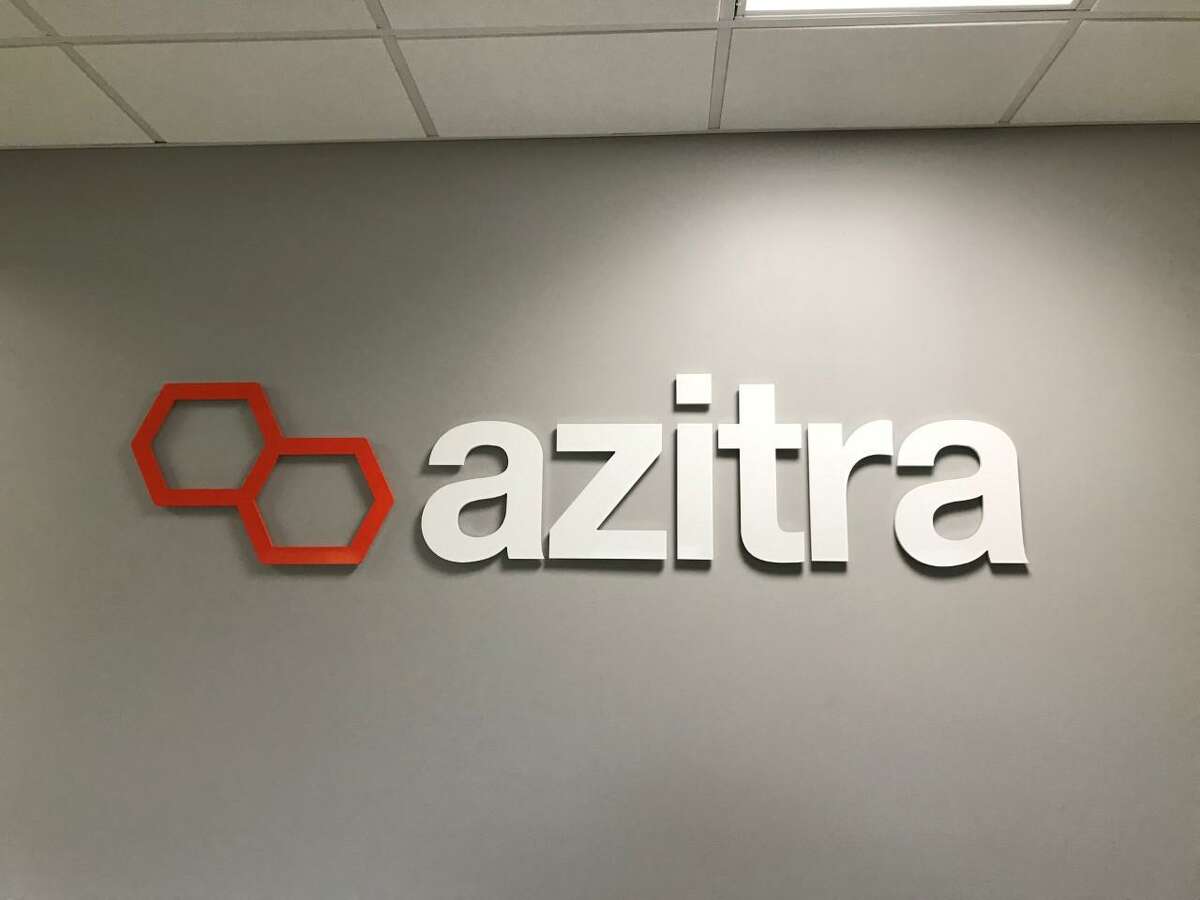 The Azitra logo inside the company’s new offices in Branford.