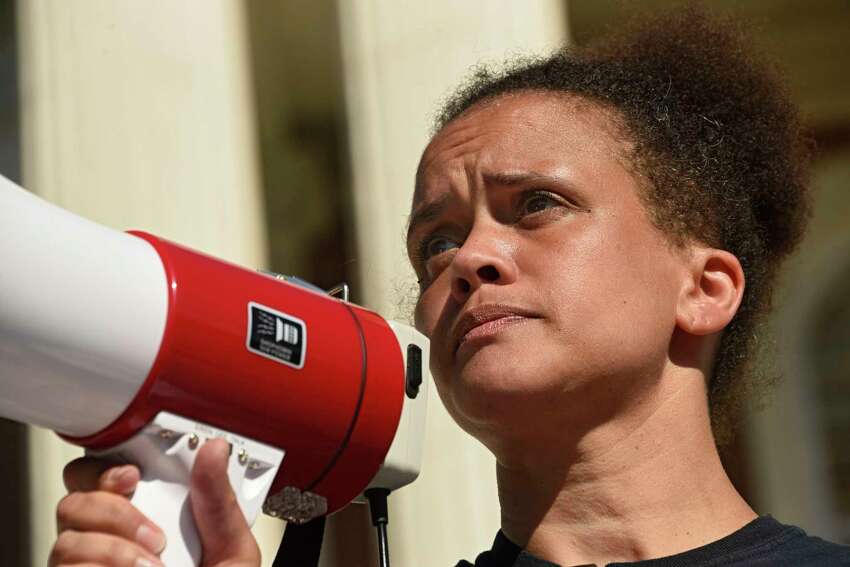 Jamaica Miles, co-founder of All of Us Community Action Group, speaks as people rally in front of Schenectady City Hall calling on Mayor Gary McCarthy to make changes in the Schenectady Police Department on Thursday June 11, 2020 in Schenectady, N.Y. (Lori Van Buren/Times Union)