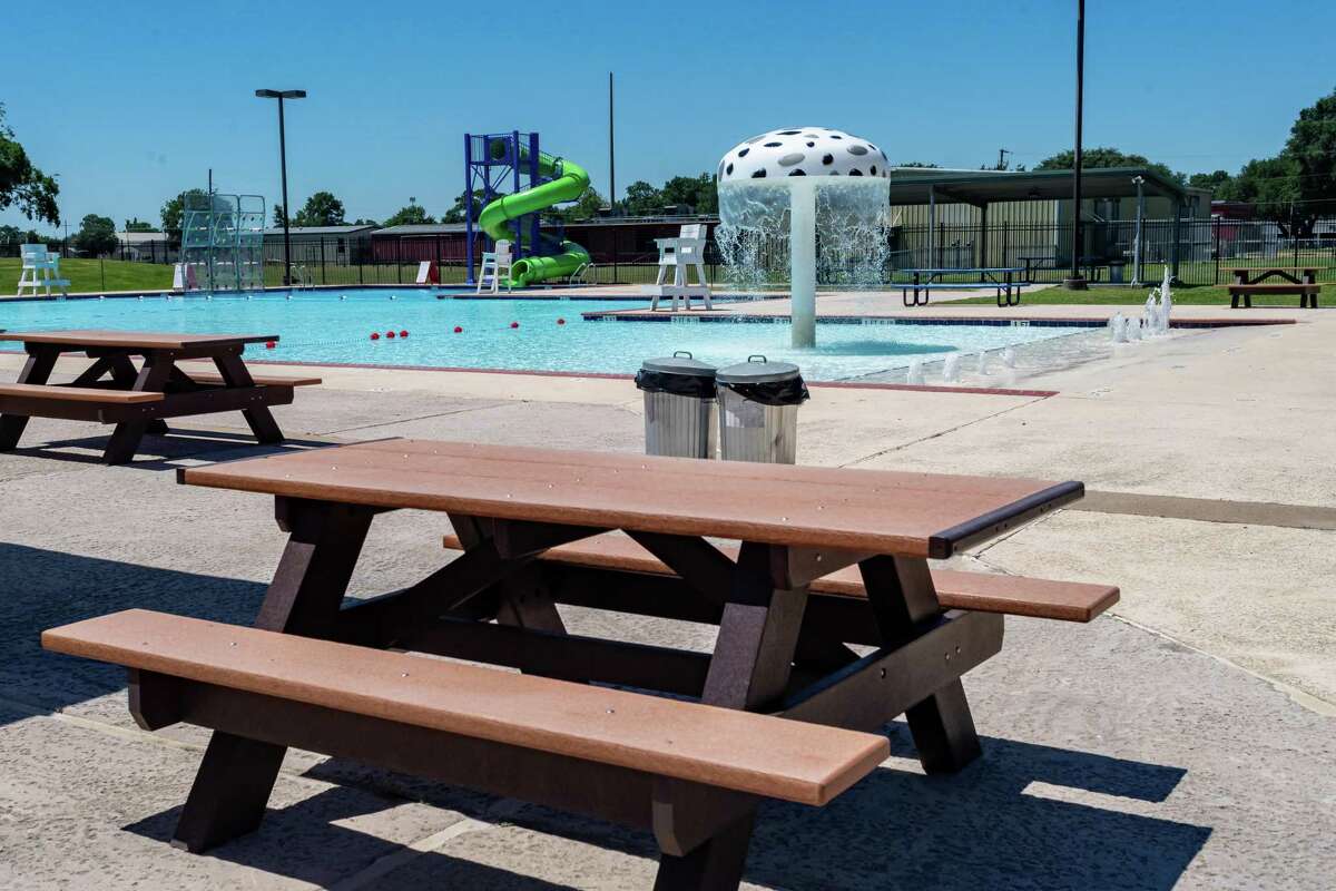 Picnic tables will be available, but lounge chairs will not during the first phase of opening. Nederland will be opening their pool on Avenue H, adjacent to Doornbos Heritage Park with restrictions on Friday, June 12. Photo made on June 11, 2020. Fran Ruchalski/The Enterprise