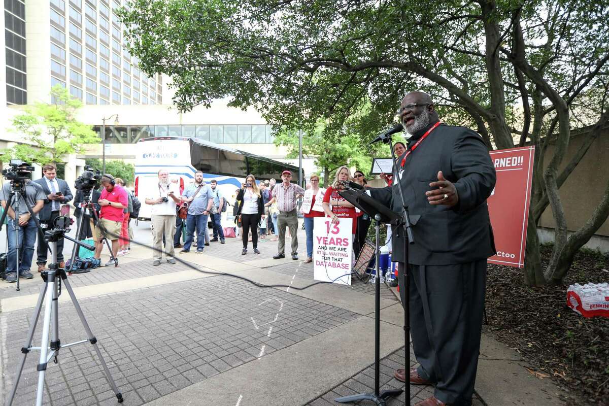 Dwight McKissic speaks during a rally on the first day of the Southern Baptist Convention's annual meeting on Tuesday, June 11, 2019, in Birmingham.