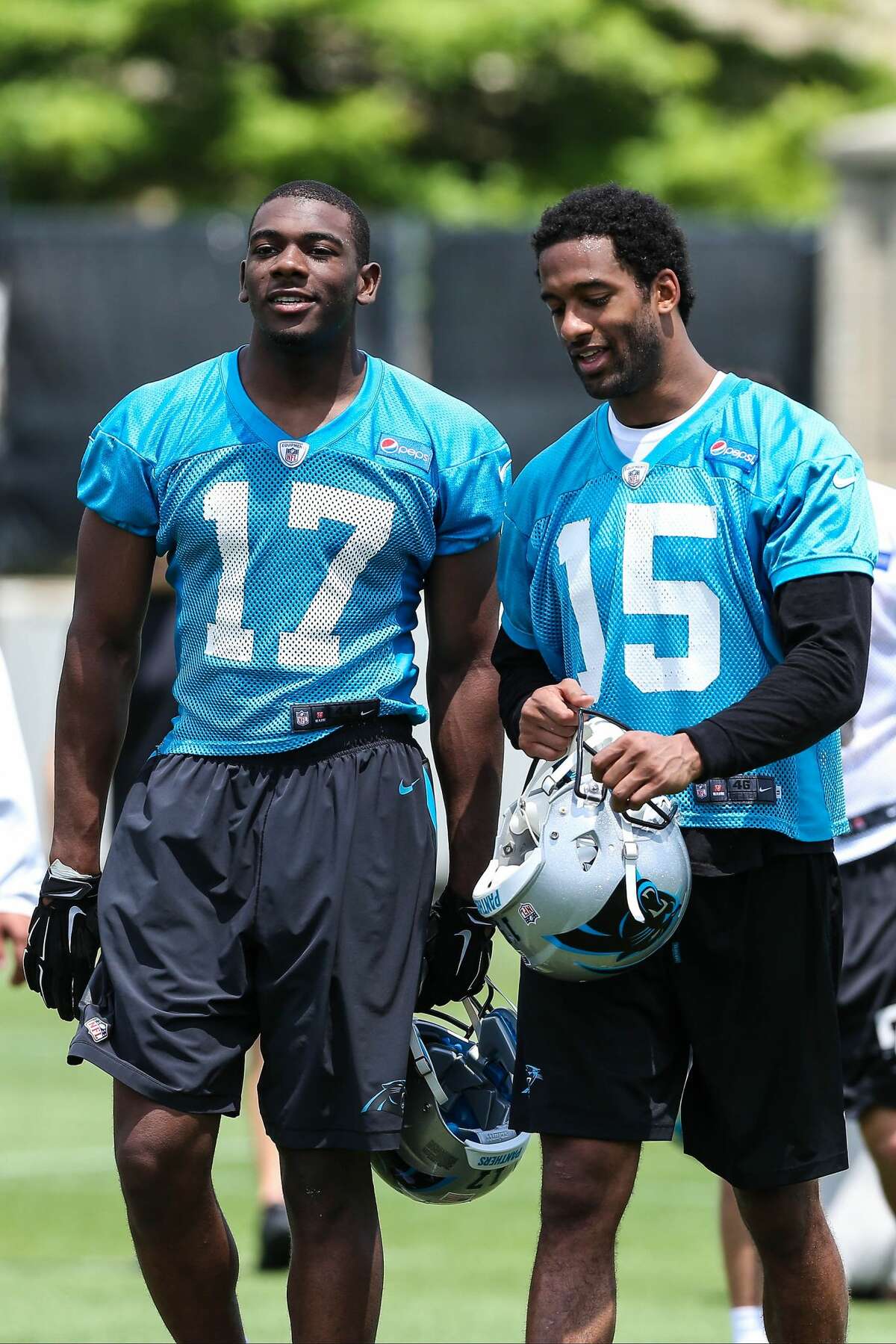 May 09, 2015: Second round pick Devin Funchess of Michigan and Matt James of Wake Forest during exercises at the Carolina Panthers Mini Camp held at Bank of America Stadium, Charlotte, North Carolina.  (Photo by Jim Dedmon / Icon Sportswire / Corbis / Icon Sportswire via Getty Images)