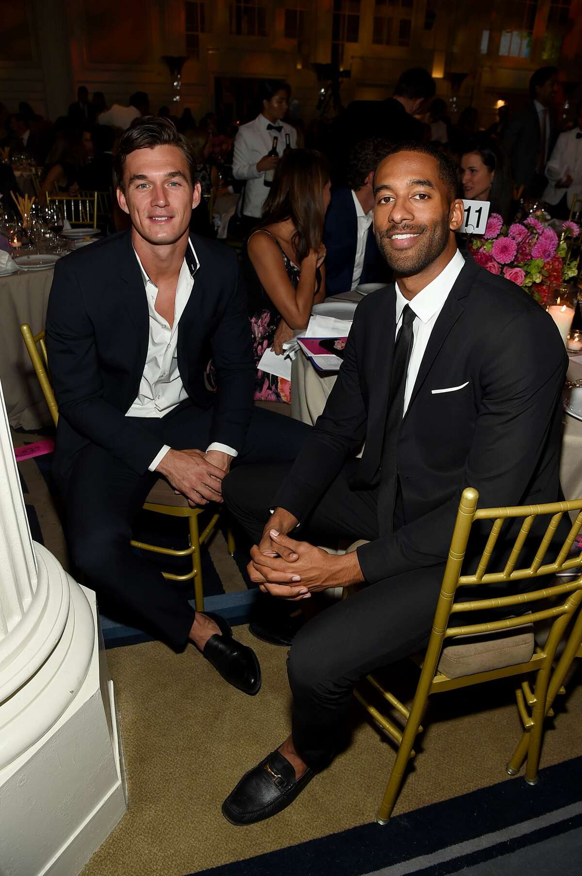 NEW YORK, NEW YORK - OCTOBER 17: Tyler Cameron (L) and Matt James attend the Hudson River Park Annual Gala at Cipriani South Street on October 17, 2019 in New York City.  (Photo by Jamie McCarthy / Getty Images for Hudson River Park)