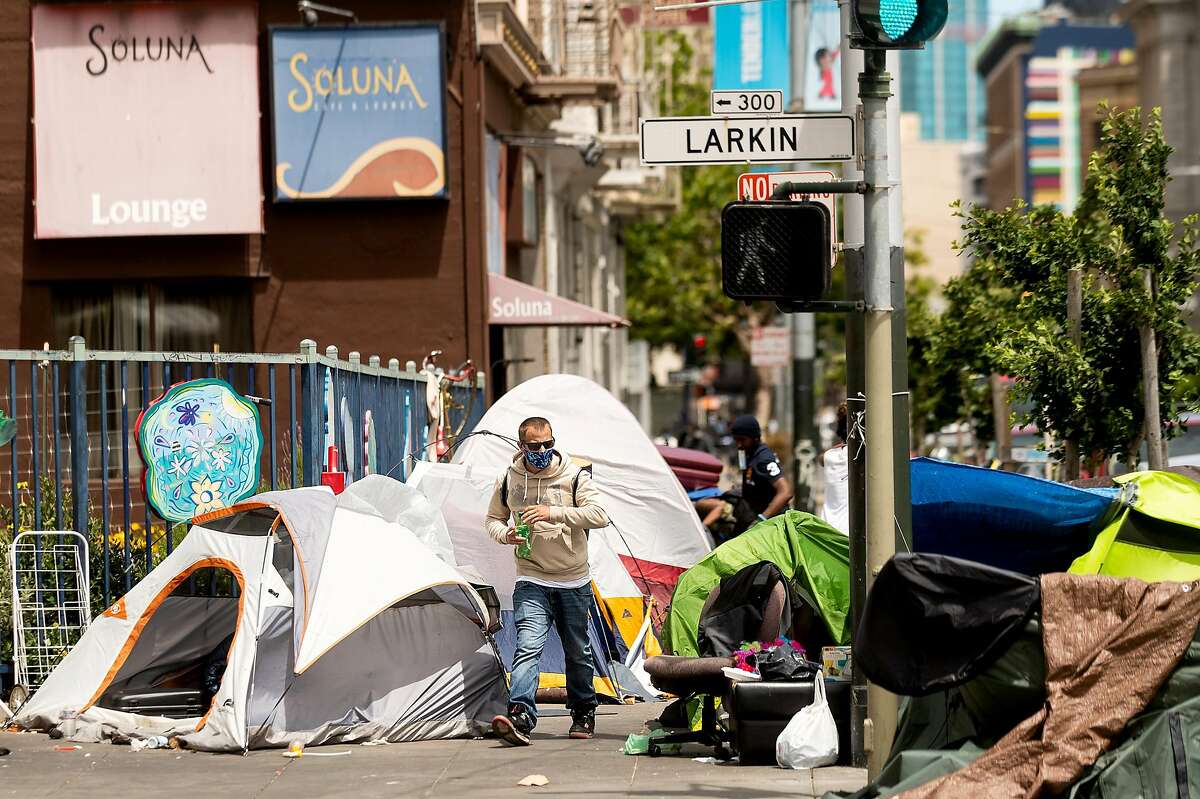 Tents line a McAllister St. sidewalk on the same block as UC Hastings College of the Law on Thursday, June 11, 2020, in San Francisco.