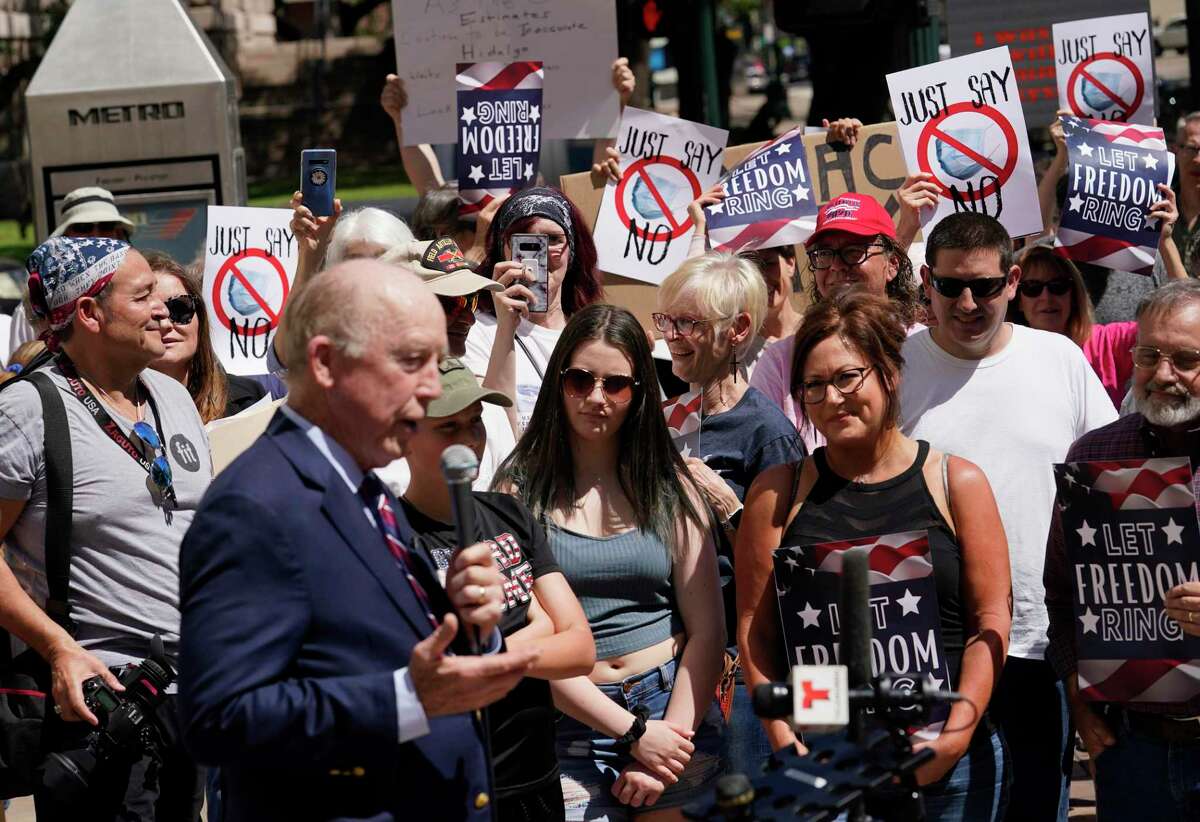 Steven Hotze, a Republican activist, speaks during a rally he organized in April in Harris County about mask requirements. When masks are a recommended way to limit the spread of COVID-19, just whose freedom is being advanced?