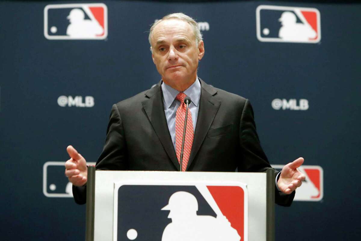 FILE - In this Nov. 21, 2019, file photo, baseball commissioner Rob Manfred speaks to the media at the owners meeting in Arlington, Texas. Major League Baseball rejected the players' offer for a 114-game regular season in the pandemic-delayed season with no additional salary cuts and told the union it did not plan to make a counterproposal, a person familiar with the negotiations told The Associated Press. The person spoke on condition of anonymity Wednesday, June 3, 2020, because no statements were authorized.(AP Photo/LM Otero, File)