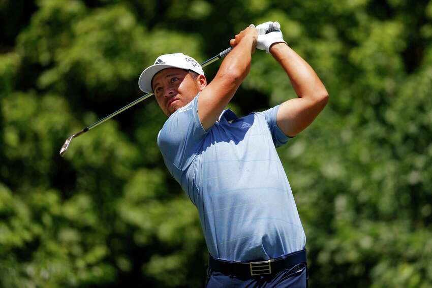 FORT WORTH, TEXAS - JUNE 13: Xander Schauffele of the United States plays his shot from the eighth tee during the third round of the Charles Schwab Challenge on June 13, 2020 at Colonial Country Club in Fort Worth, Texas. (Photo by Ronald Martinez/Getty Images)