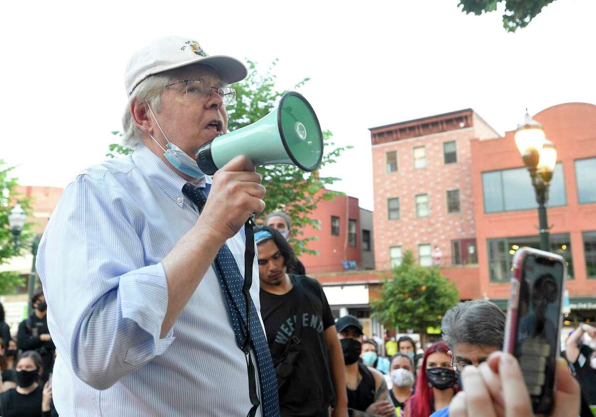 Stamford Mayor David Martin speaks to protesters gathered in Columbus Park while they march from Scalzi Park on June 3.