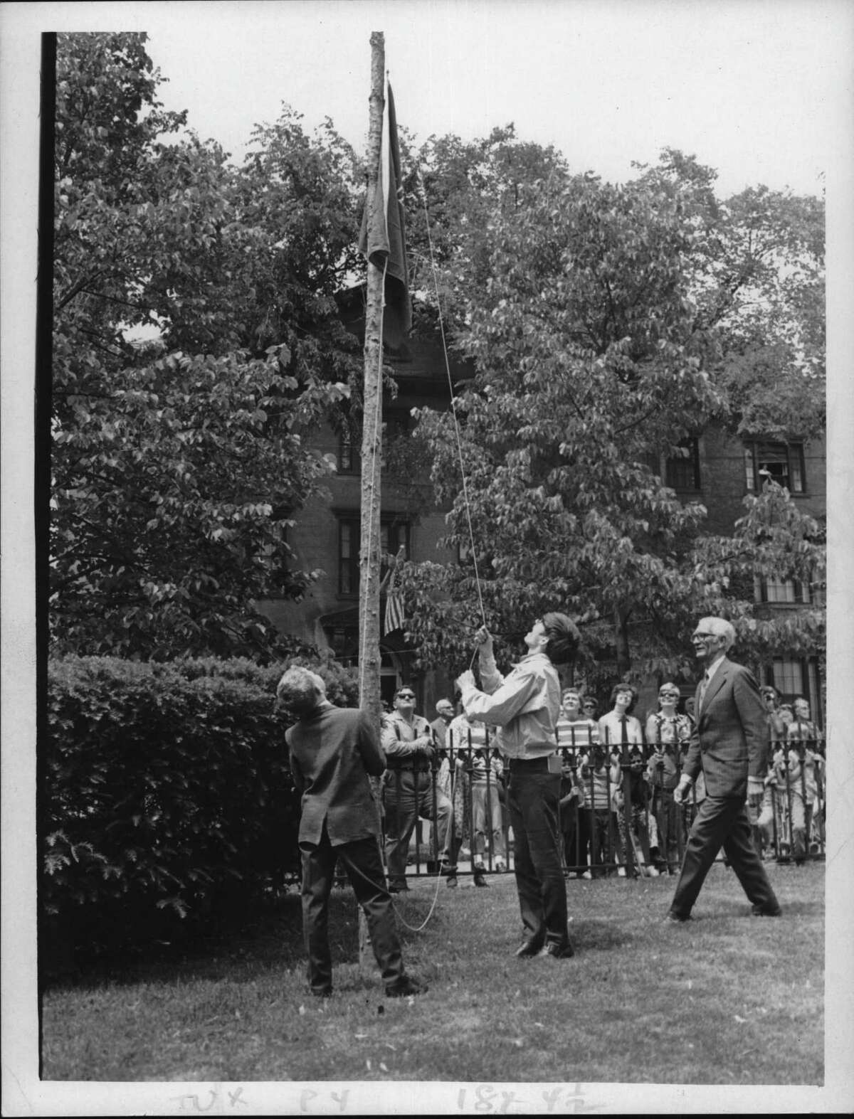 First Reformed Church, Schenectady, New York - Flag Day - replica of 1771 Liberty Flag - Jared Squires of Riverside School, Peter Van Vorst of Galway, and Horace Van Vorst of Schenectady. June 14, 1971 (Paul D. Kniskern, Sr./Times Union Archive)