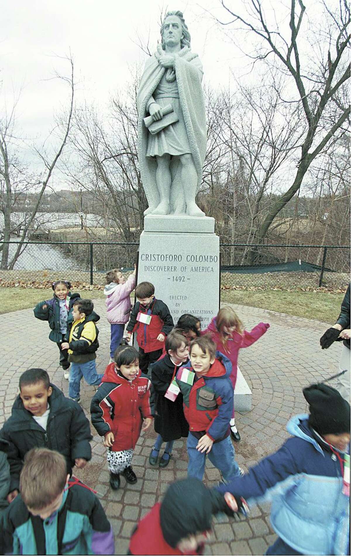 McDonough Elementary School Kindergartners from Angela Spaman's class visit the Christopher Columbus statue at Harbor Park during their field trip of Italian cultural sites in Middletown in 2001. On Saturday, June 13, 2020 it was removed.
