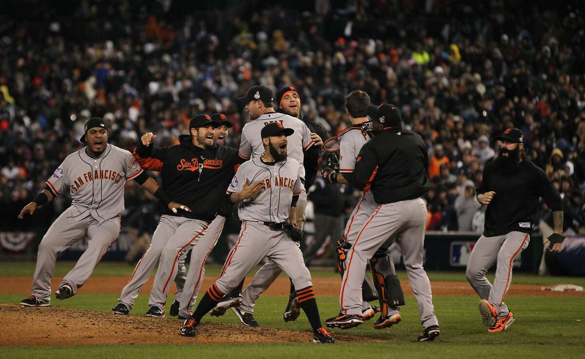 The Giants celebrate their victory over the Detroit Tigers in a four game sweep in the World Series at Comerica Park on Sunday, Oct. 28, 2012 in Detroit, MI.