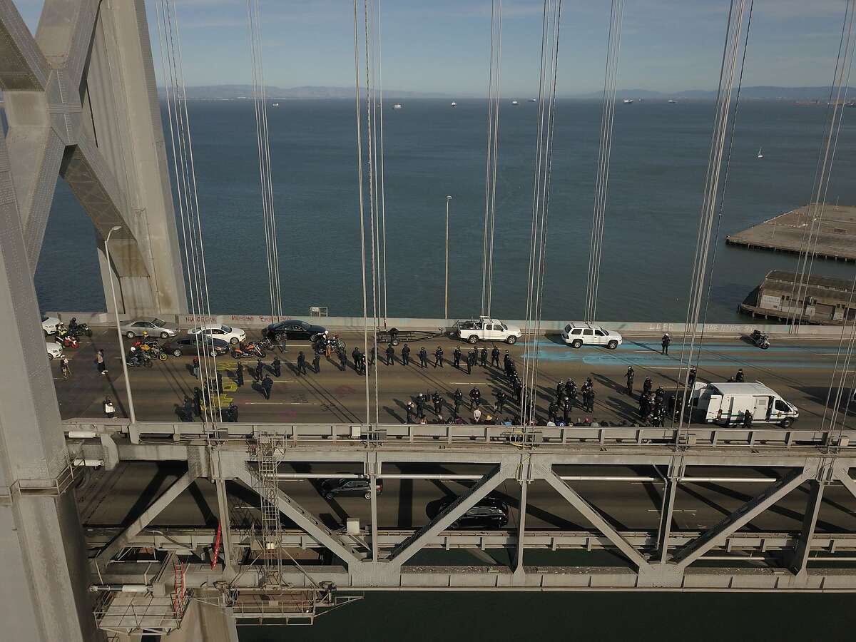Westbound traffic comes to a standstill on the westbound Bay Bridge after Black Lives Matter protestors stopped traffic on the bridge Sunday, June 14, 2020.
